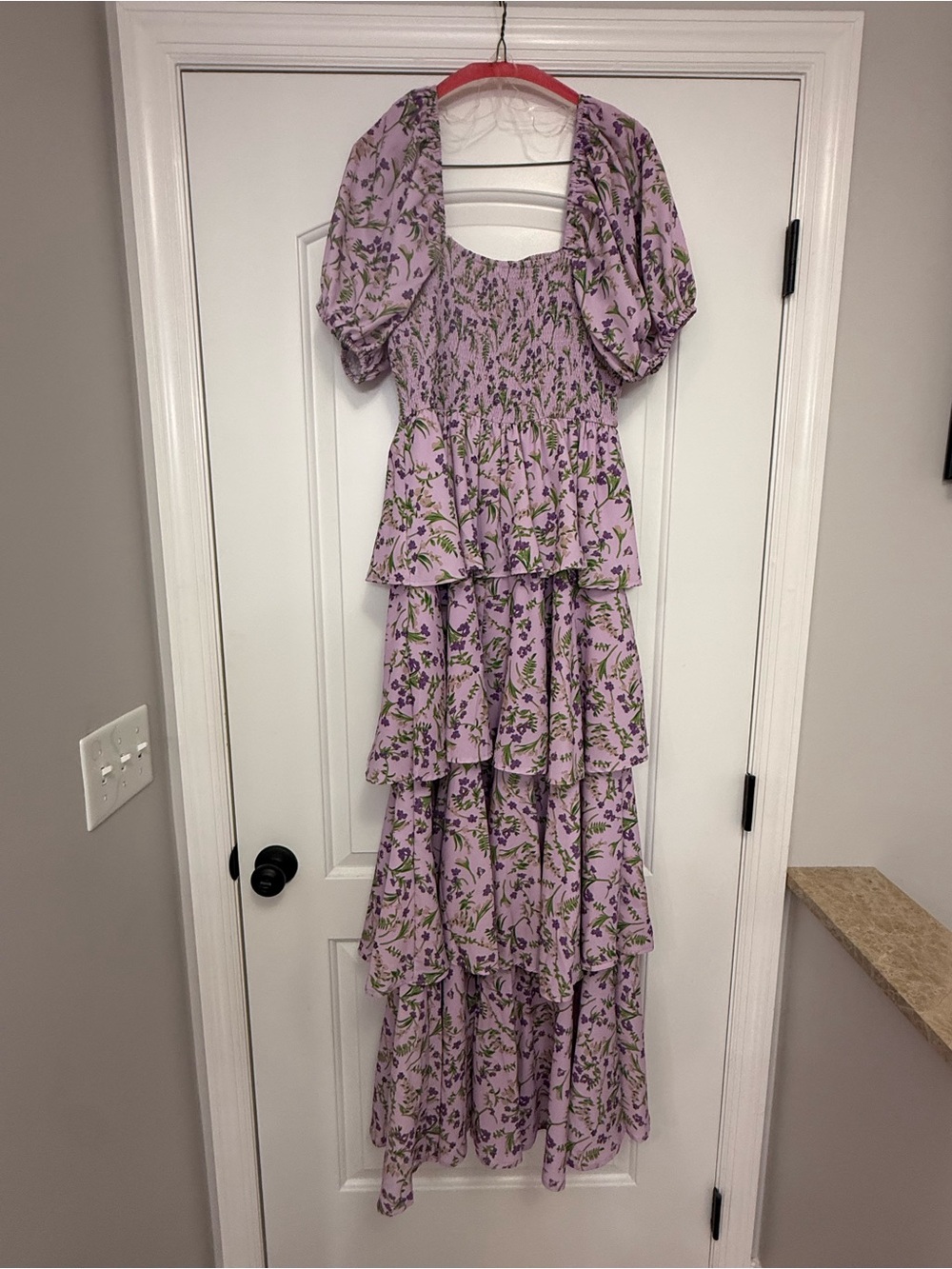 Lavender Floral Maxi Dress with Puff Sleeves